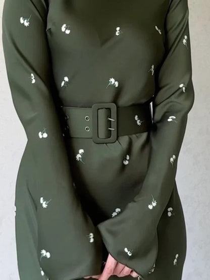 Printed Belted Long Sleeve Maxi Dress