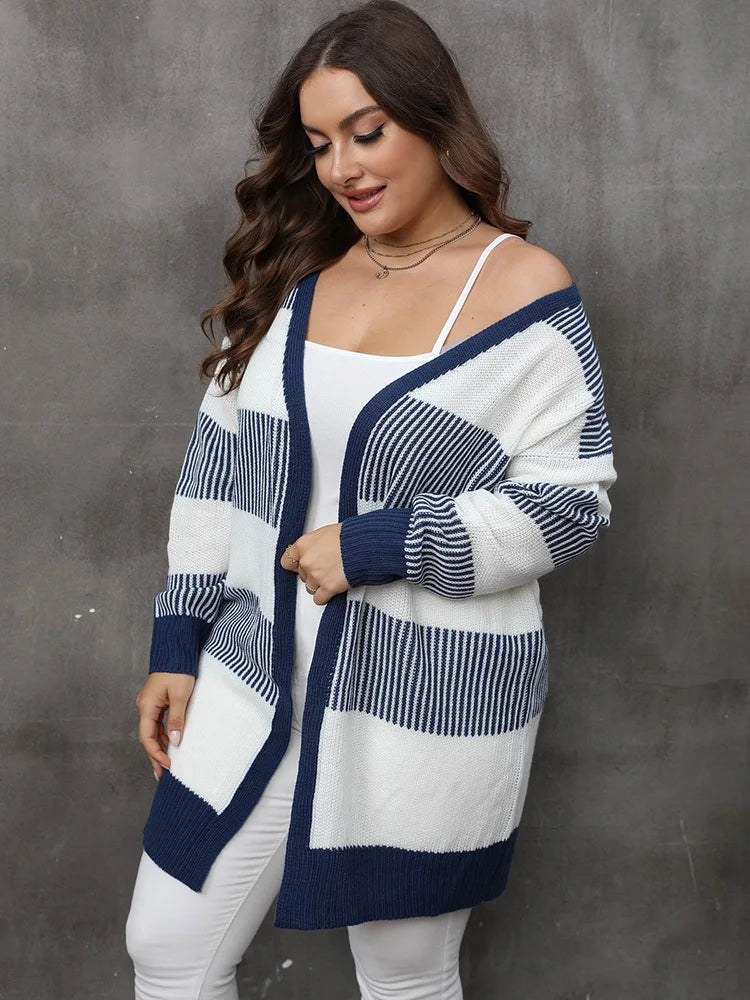 Plus Size Striped Open-Front Knit Cardigan