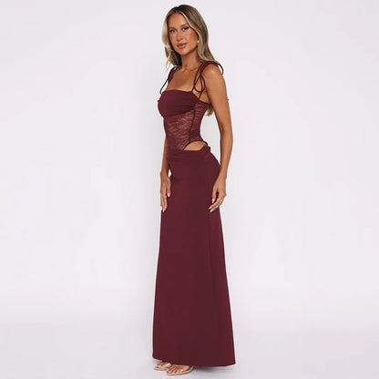 Burgundy Lace Cut-Out Maxi Dress