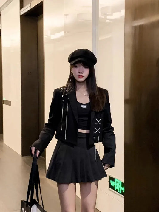 Cropped Black Blazer with Chain & Metal Detailing