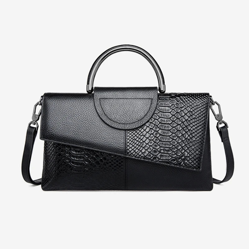 Black Textured Handbag with Metal Handle