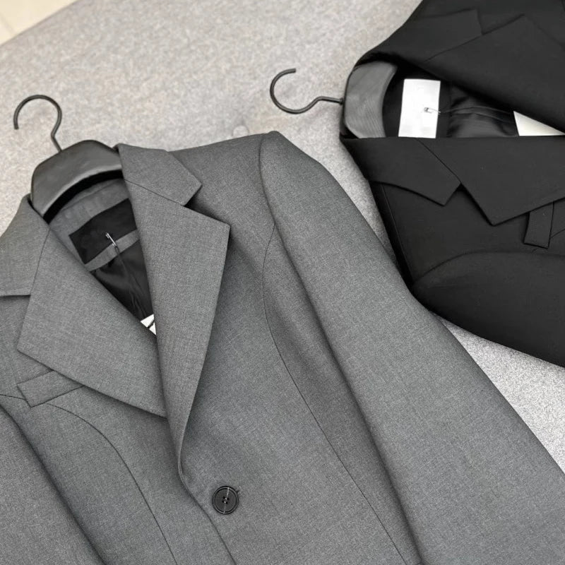 Tailored Grey Waist-Cinching Blazer