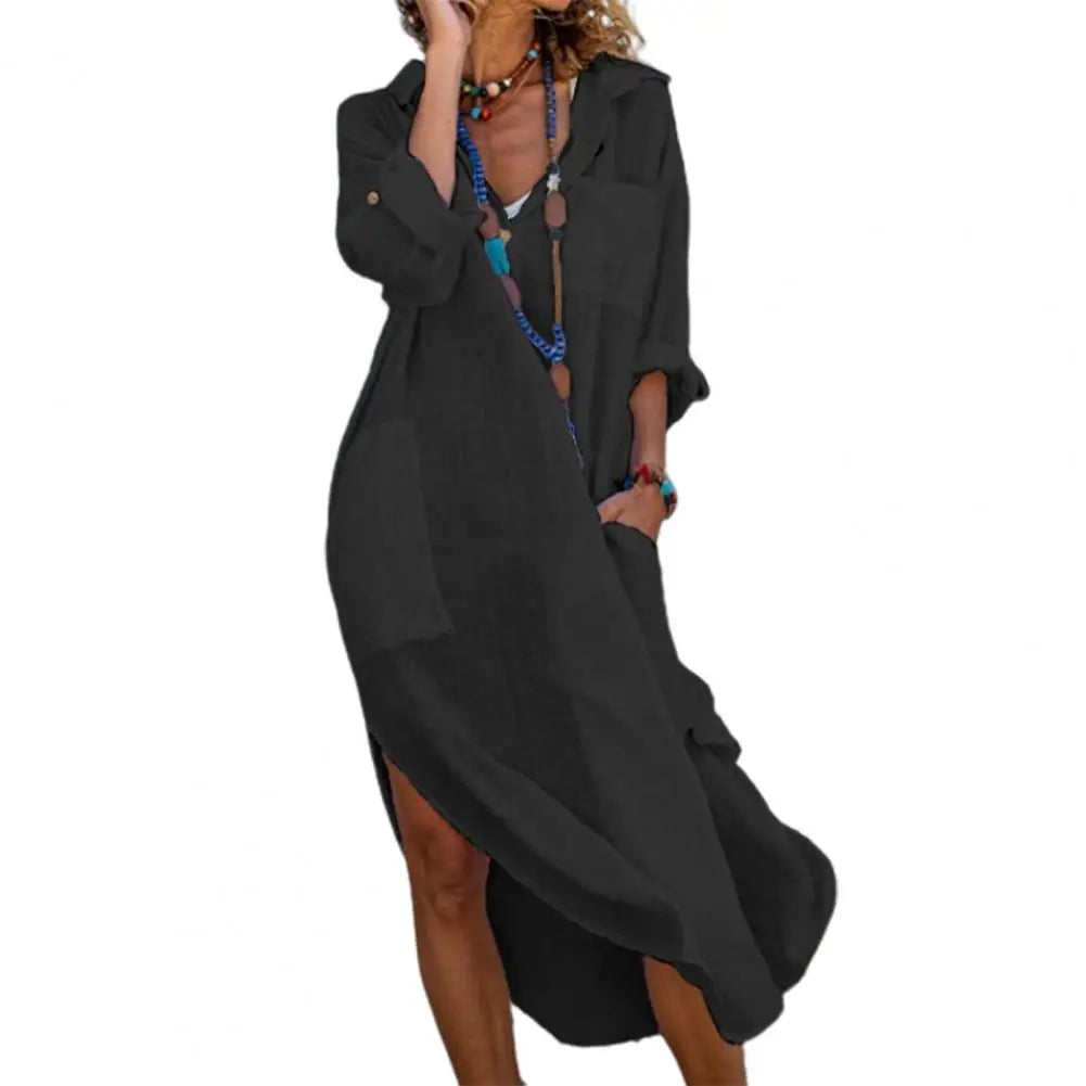 Oversized Linen-Cotton Shirt Dress – Casual Long Sleeve Midi Dress with Pockets
