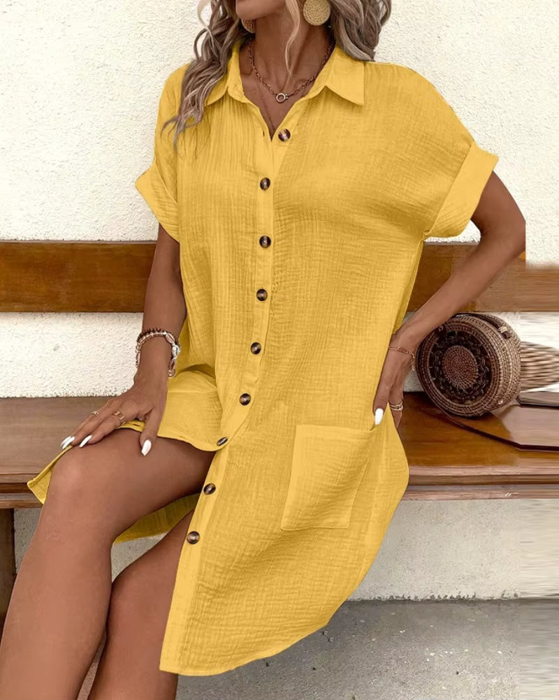 Button-Up Cotton Shirt Dress with Pockets