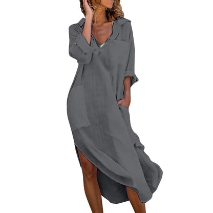 Oversized Linen-Cotton Shirt Dress – Casual Long Sleeve Midi Dress with Pockets