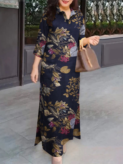Vintage Floral Patchwork Maxi Shirt Dress – 3/4 Sleeve Cotton Lapel Dress