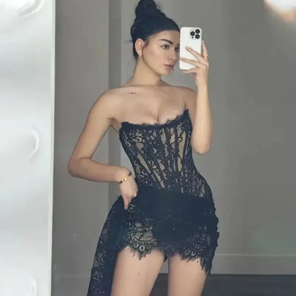 Black Strapless Lace Corset Mini Dress