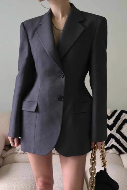 Tailored Grey Waist-Cinching Blazer