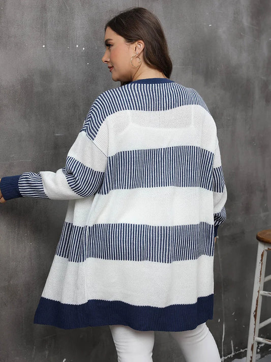 Plus Size Striped Open-Front Knit Cardigan