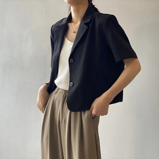 Women’s Short Sleeve Blazer – Elegant Single-Breasted Jacket