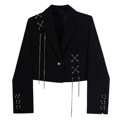 Cropped Black Blazer with Chain & Metal Detailing