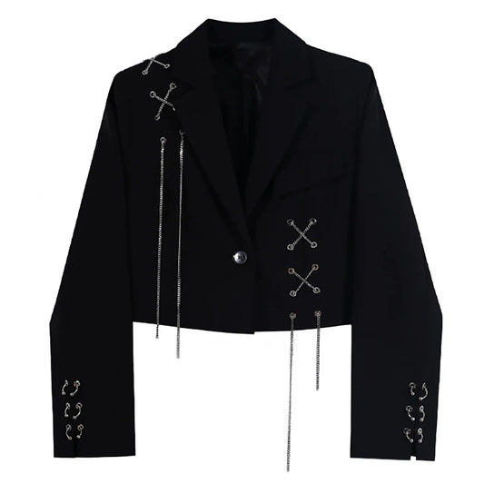 Cropped Black Blazer with Chain & Metal Detailing