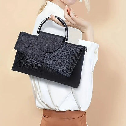 Black Textured Handbag with Metal Handle