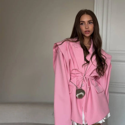 Elegant Yellow Tie-Waist Blazer – Oversized Statement Jacket