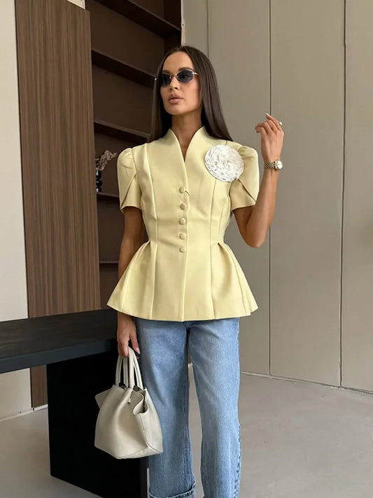 Short Sleeve Peplum Blazer with Floral Detail