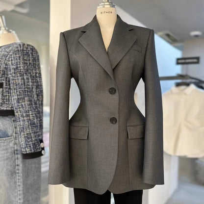 Tailored Grey Waist-Cinching Blazer