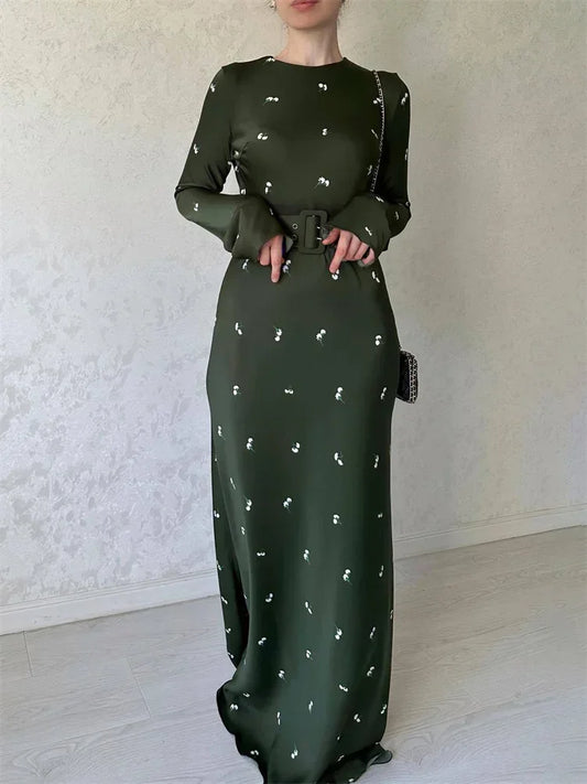 Printed Belted Long Sleeve Maxi Dress