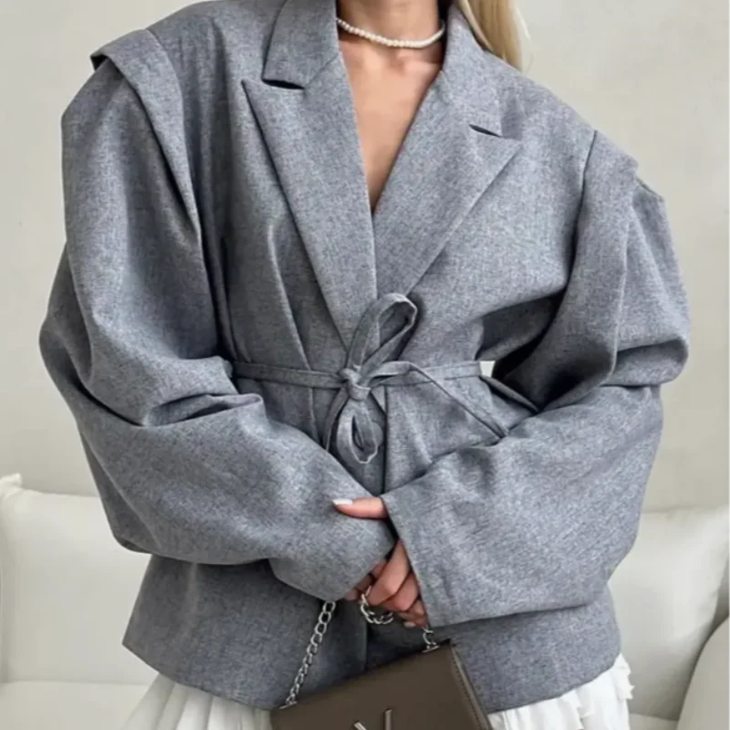 Elegant Yellow Tie-Waist Blazer – Oversized Statement Jacket
