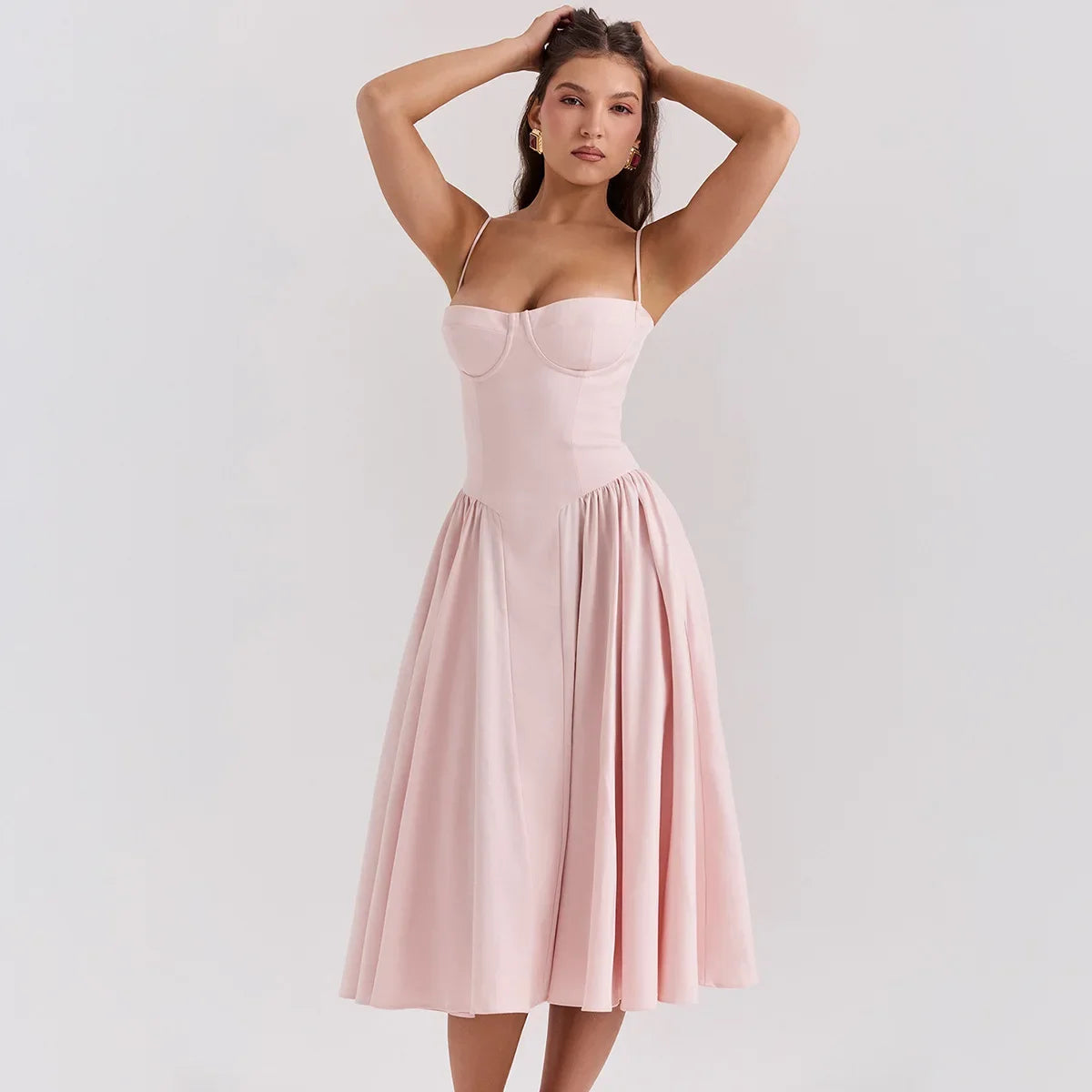 Pink Spaghetti Strap Fit & Flare Midi Dress