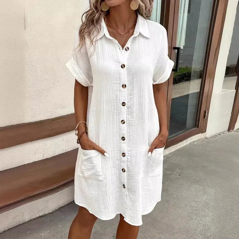 Button-Up Cotton Shirt Dress with Pockets