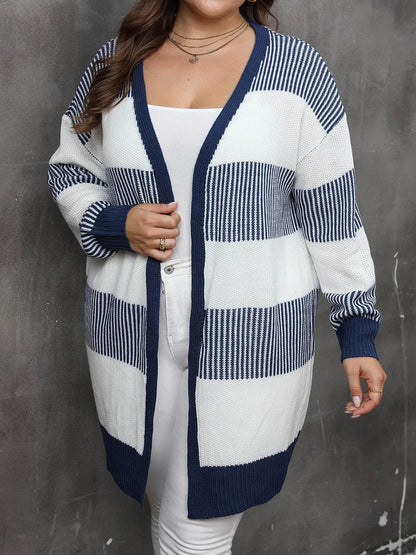 Plus Size Striped Open-Front Knit Cardigan