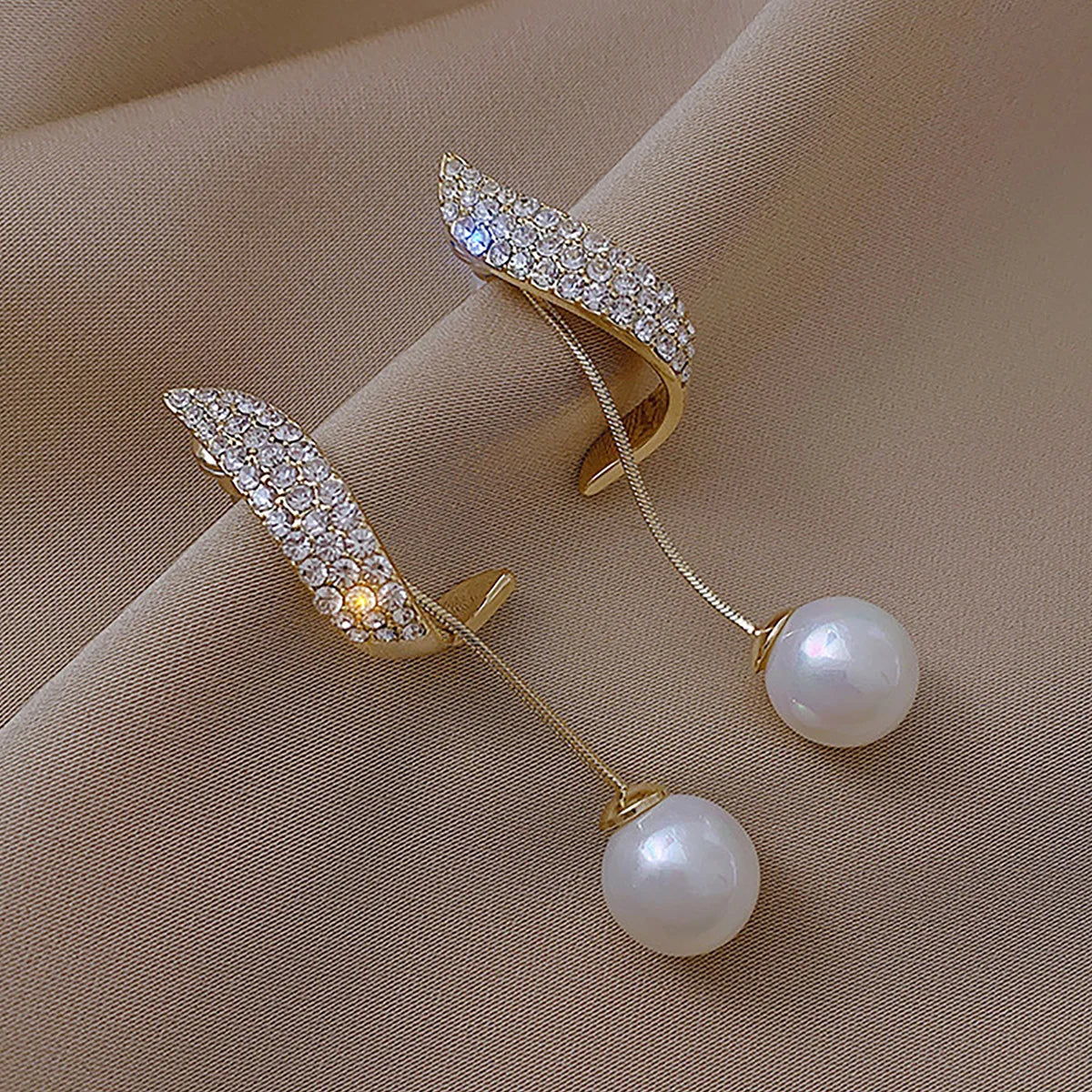Crystal Wave Pearl Drop Earrings