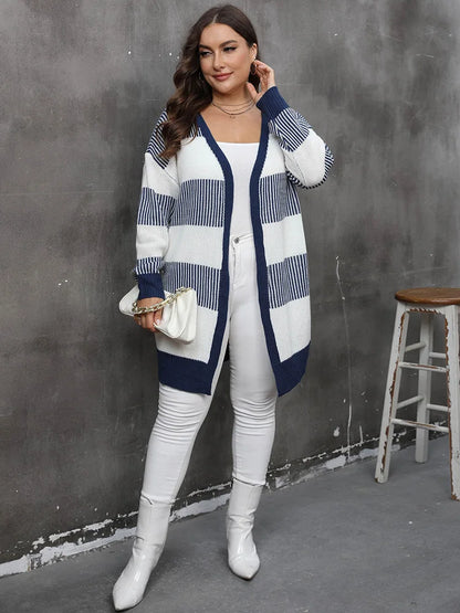 Plus Size Striped Open-Front Knit Cardigan