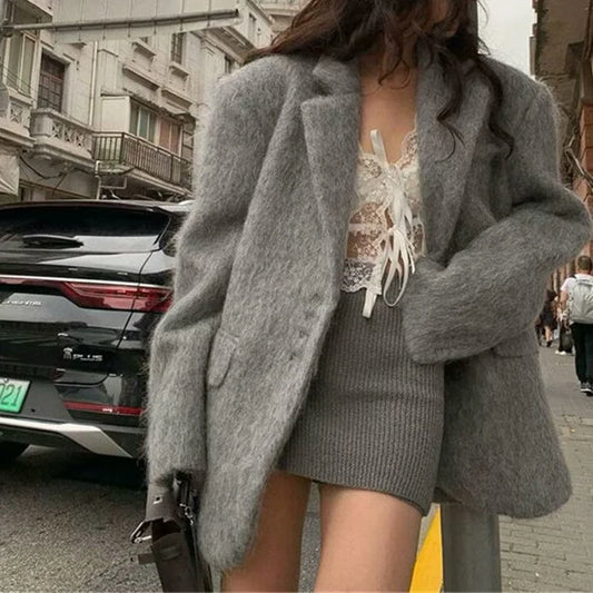 Oversized Grey Wool-Blend Blazer Coat