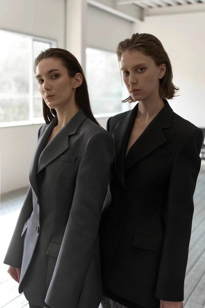 Tailored Grey Waist-Cinching Blazer