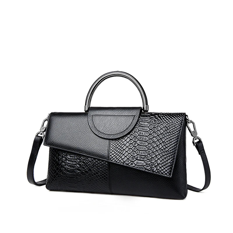 Black Textured Handbag with Metal Handle