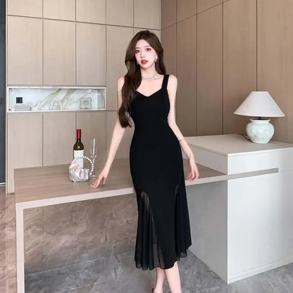 Elegant Black Midi Dress – Sleeveless Fit & Flare with Sheer Mesh Inserts