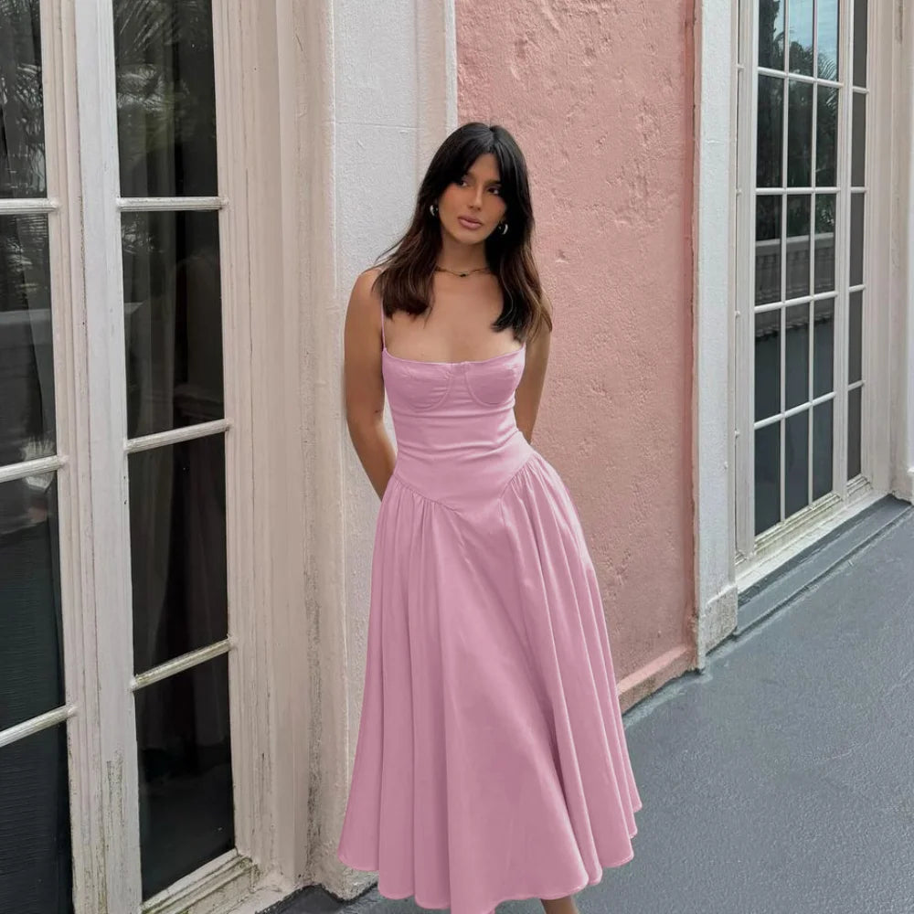 Pink Spaghetti Strap Fit & Flare Midi Dress