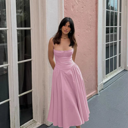 Pink Spaghetti Strap Fit & Flare Midi Dress