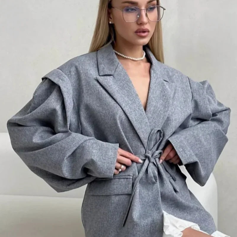 Elegant Yellow Tie-Waist Blazer – Oversized Statement Jacket