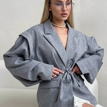 Elegant Yellow Tie-Waist Blazer – Oversized Statement Jacket