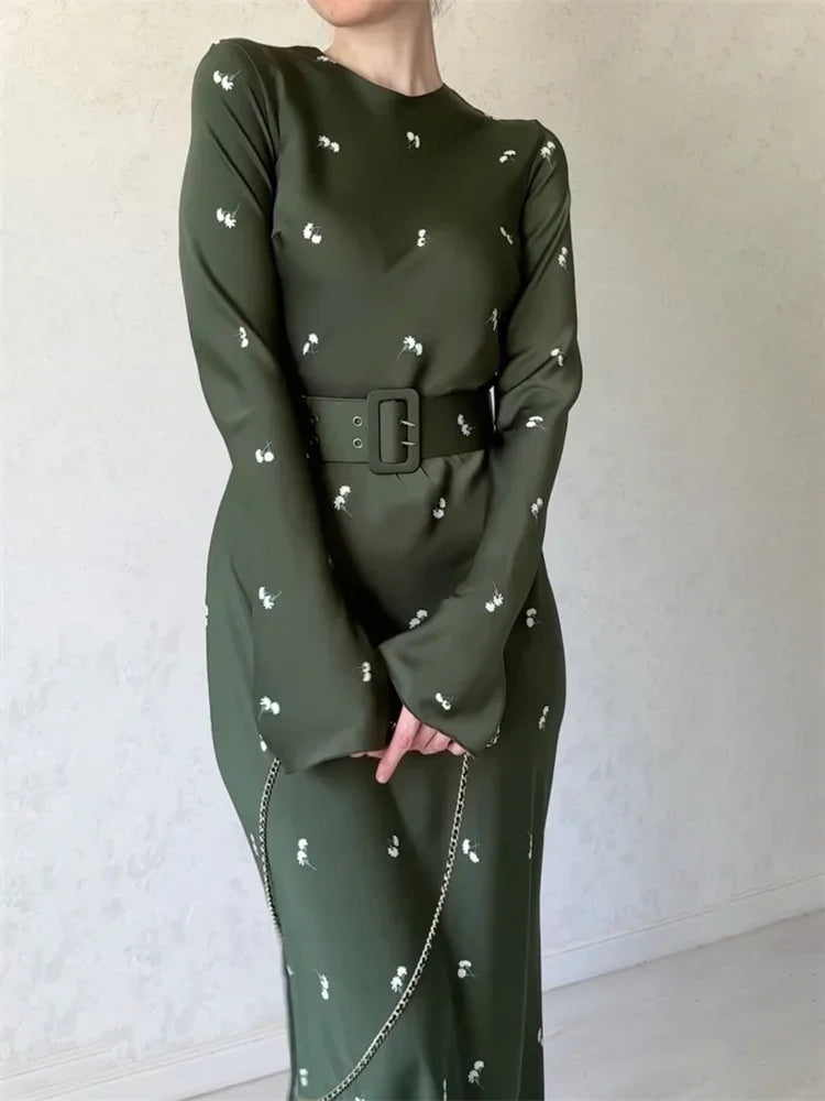 Printed Belted Long Sleeve Maxi Dress