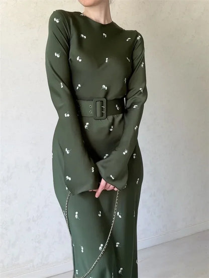 Printed Belted Long Sleeve Maxi Dress