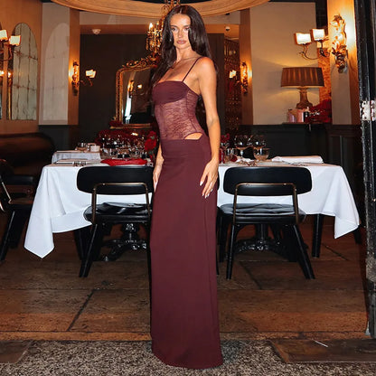 Burgundy Lace Cut-Out Maxi Dress