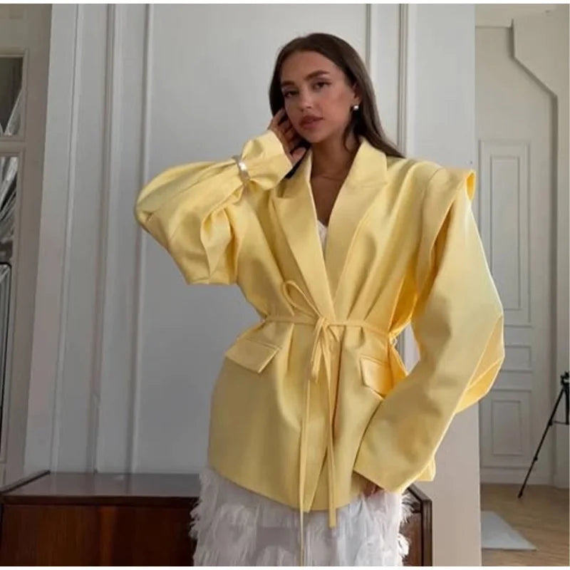 Elegant Yellow Tie-Waist Blazer – Oversized Statement Jacket