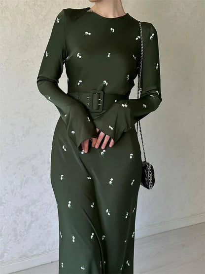 Printed Belted Long Sleeve Maxi Dress