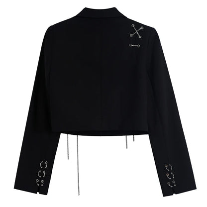 Cropped Black Blazer with Chain & Metal Detailing