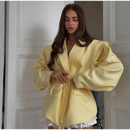Elegant Yellow Tie-Waist Blazer – Oversized Statement Jacket