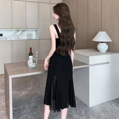 Elegant Black Midi Dress – Sleeveless Fit & Flare with Sheer Mesh Inserts