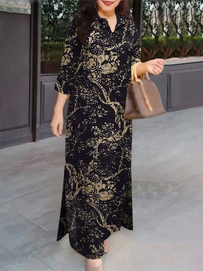 Vintage Floral Patchwork Maxi Shirt Dress – 3/4 Sleeve Cotton Lapel Dress