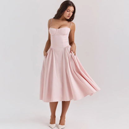 Pink Spaghetti Strap Fit & Flare Midi Dress