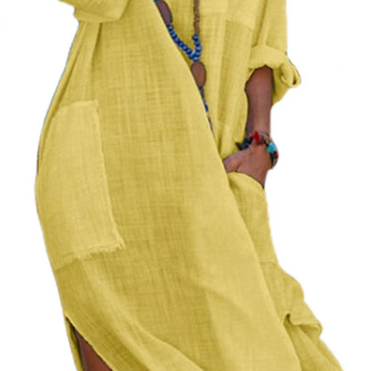 Oversized Linen-Cotton Shirt Dress – Casual Long Sleeve Midi Dress with Pockets