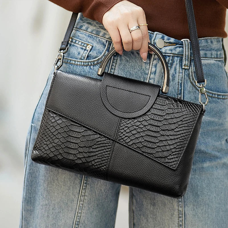 Black Textured Handbag with Metal Handle