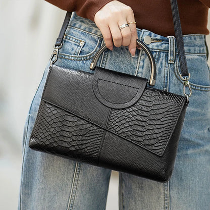 Black Textured Handbag with Metal Handle