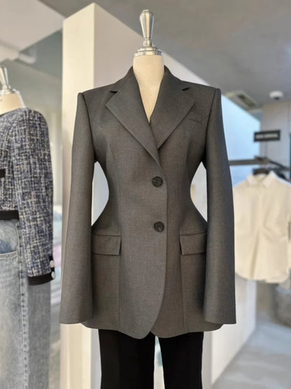 Tailored Grey Waist-Cinching Blazer