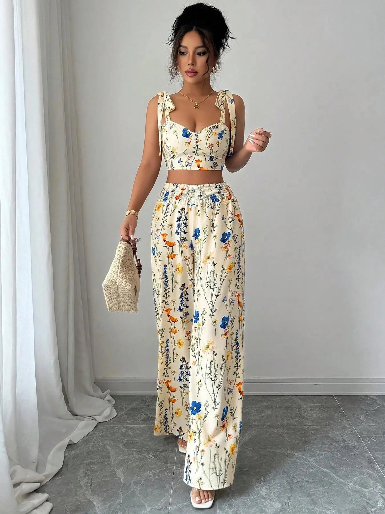 Floral Crop Top & Wide-Leg Trousers Set